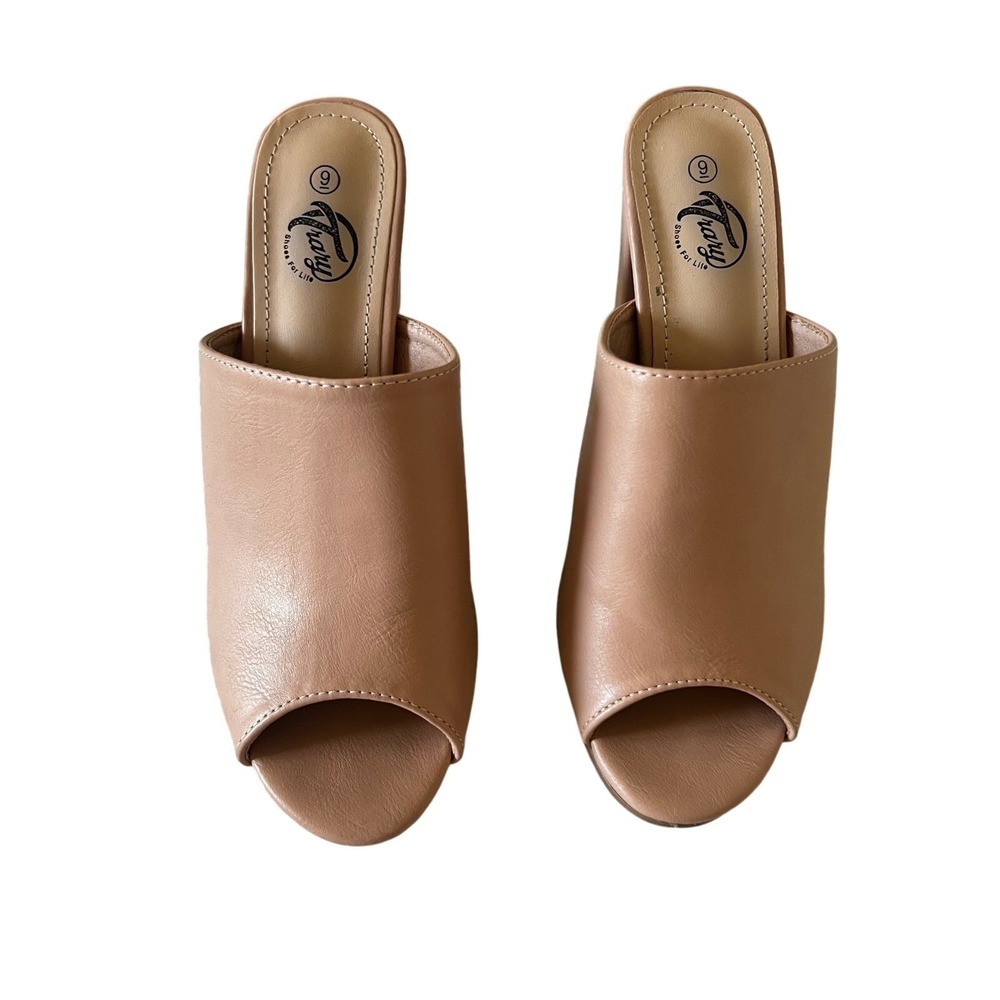 Trary Women Nude Peep Toe Block Heel Mules Tan Slip On Sandals Size 9 - Picture 2 of 6